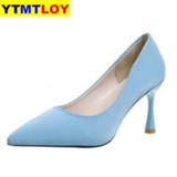 👉 Stiletto blauw beige zwart vrouwen 2020 New Spring Women Kitten Heels Pumps Designer Low High Big Size Dress Wedding Shoes Blue Black