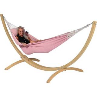👉 Colombian Enpersoons Hangmatset beschikbaar roze polycotton 'Wood & Natural' Pink Eénpersoons - Tropilex ® 8719925912085