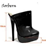 👉 Stiletto zwart vrouwen Sorbern Fashion Black Patent Women Mules High Heels Pointed Toe Platform Slip On Lady 18Cm Stilettos Custom Colors