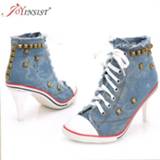 👉 Shoe canvas vrouwen Women Shoes Denim High Heels Rivets Fashion Laces Sneakers Short Boots