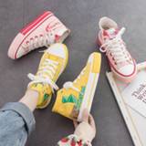 👉 Shoe geel roze canvas vrouwen Autumn High-top Shoes Women's Chic 2019 Fashionable Lemon Yellow Strawberry Pink Fruit Cartoon Sneakers 35-40