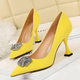 👉 Stiletto geel zwart vrouwen 2021 Luxury Women Yellow Black 8.5cm High Heels Nightclub Pumps Bling Crystal Wedding Bridal Prom Shoes Scarpins