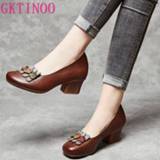 👉 Shoe leather vrouwen GKTINOO 2020 Vintage Shoes Woman Pumps Slip On Thick Heel Quality Genuine Flowers Soft Sole Retro