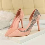 👉 Shoe roze rood 2020 European Wedding Shoes Female Rhinestone Crystal Pink Nude Heels Stiletto Fashion Pointed Toe Red High Bridal