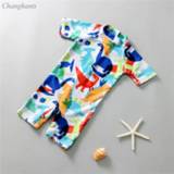 👉 Short sleeve jongens kinderen Boys One Piece Swimsuit 1-7 Y Kids Dinosaur Swimwear Surfing Suit with Swim Cap Children Sunny Sandy Rash Guard