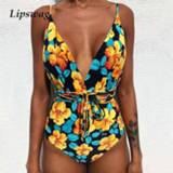 👉 Bandage XXL vrouwen Sexy Backless One Piece Swimsuit 2019 Women Print Swimwear Beachwear deep v Cut Out Bodysuit Monokini Bathing Suit