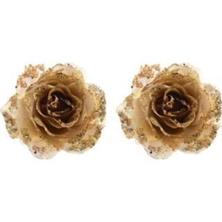 👉 Gouden 10x stuks glitter rozen met clip 14 cm