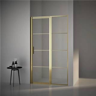 👉 Nisdeur goud glas messing aluminium helder frame NANO Antikalk coating BWS met Vast Paneel 80x200 cm 8 mm Geborsteld 8719304719878