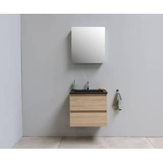 👉 Bewonen Luuk badmeubel - 60cm - acryl wastafel Slade zwart - zonder kraangat - eiken - met spiegelkast - bouwpakket