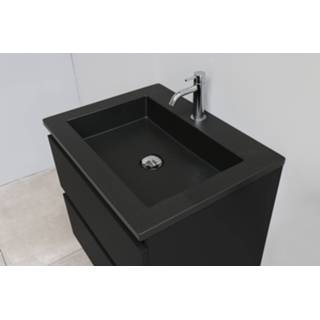 👉 Badmeubel acryl zwart Bewonen Luuk - 60cm wastafel Slade 1 kraangat mat met spiegelkast geassembleerd