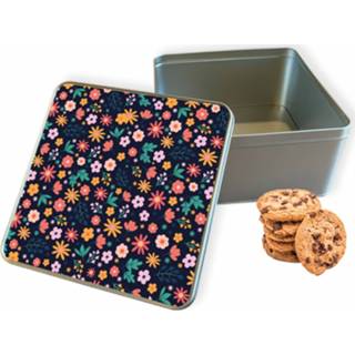 👉 Koektrommel zwart vierkant always have flowers woon accessoires - Bewaarblik 20x20x10 cm 8720329173279