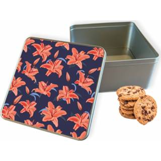 👉 Koektrommel zwart vierkant flowers woon accessoires - Bewaarblik 20x20x10 cm 8720329173293