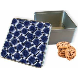 Koektrommel blauwe grijs vierkant Hexagons woon accessoires - Bewaarblik 20x20x10 cm 8720329173460