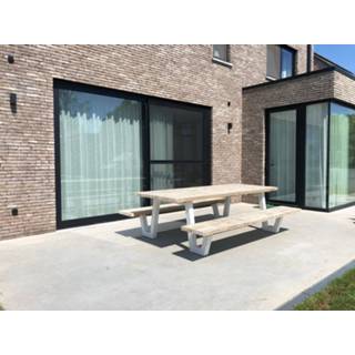 👉 Steigerhout Custom Made beige Steigerhouten picknicktafel Watson met stalen frame