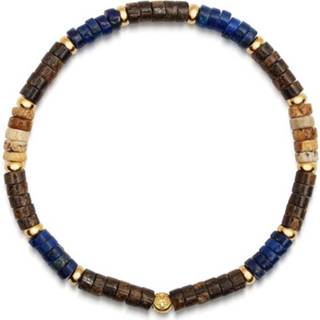 👉 Polsband blauw goud XL male bruin Men's Wristband with Blue Lapis, Jasper and Coconut Heishi Beads Gold