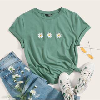 👉 Shirt groen katoen Munt Casual Bloemen Grote maat t-shirt Borduurwerk