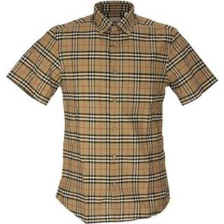 👉 Shirt small XL male beige Short-sleeve Scale Check Stretch Cotton