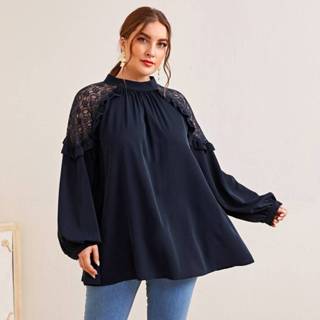 👉 Blous polyester Donker Blauw Elegant Vlak Grote maat blouse Contract kant