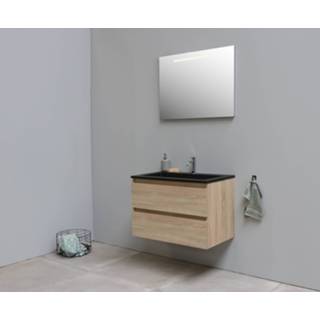 👉 Badmeubel zwart eiken acryl Bewonen Luuk - 80cm wastafel Slade zonder kraangat met LED spiegel bouwpakket