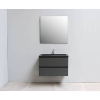 👉 Badmeubel zwart antraciet acryl Bewonen Luuk - 80cm wastafel Slade 1 kraangat mat met spiegel geassembleerd