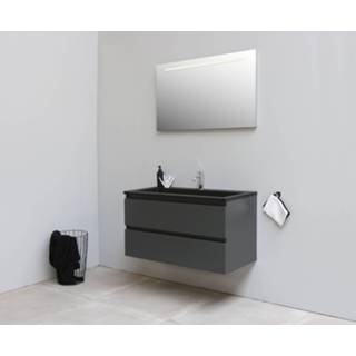 👉 Bewonen Luuk badmeubel - 100cm - acryl wastafel Slade zwart - 1 kraangat - mat antraciet - met LED spiegel - geassembleerd