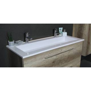 👉 Badmeubel acryl Basic Line 39 100x39cm - greeploos wastafel met 2 kraangaten Scotch Oak