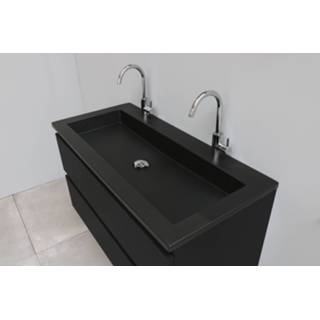 👉 Badmeubel acryl zwart Bewonen Luuk - 100cm wastafel Slade 2 kraangaten mat met LED spiegel geassembleerd