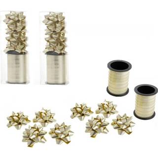 Goud 2x Rollen cadeaulint sierlint 10 meter en 8 strikjes