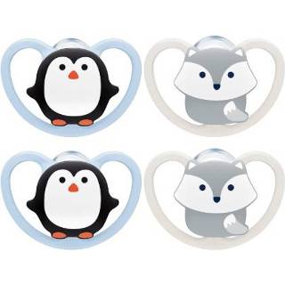 👉 Speen silicoon meisjes NUK Fopspeen Space grootte 1 siliconenpinguïn/vos, 4 stuks