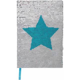 👉 Notitieboek blauw zilver meisjes grijs A5 pailletjes ster zilver/blauw lijnen-