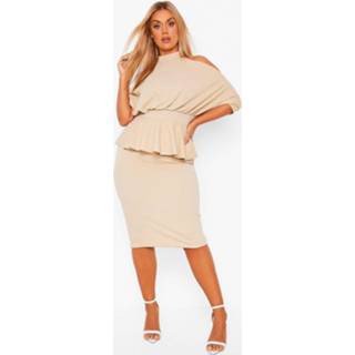 👉 Plus Peplum Midi Jurk Met Open Schouders, Stone