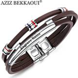👉 Armband bruin leather steel cowhide AZIZ BEKKAOUI Engrave Name Brown Bracelet for Men Stainless Bracelets Vintage Male Accessories