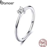 👉 Zilver vrouwen BAMOER HOT SALE 925 Sterling Silver Heart Clear CZ Simple Finger Rings for Women Engagement Wedding Statement Jewelry SCR498