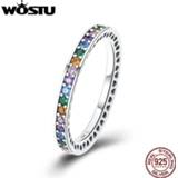 👉 Zilver BAMOER Genuine 100% 925 Sterling Silver Colorful CZ Crystal Round Pave Finger Rings Engagement Wedding Jewelry Gift S925 SCR392