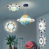 👉 Afstandsbediening jongens meisjes Modern Led Children's Room Lamp Creative Globe, Ship Rudder Ceiling Lamp, Remote Control Dimming Boy and Girl Bedroom Chandelier