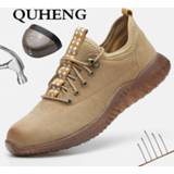 👉 Veiligheidsschoen bruin steel QUHENG Lightweight Breathable Men Safety Shoes Toe Work for Anti-smashing Construction Brown Shoe