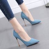 👉 Stiletto blauw leather Chic Sexy Light Blue High Heels Pointed toe Court office Shoes Classic Fashion Casual Faux Metal