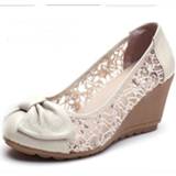 👉 Shoe leather vrouwen 2017 New Fashion High heels Women Pumps Genuine Lace Ivory Ladies Wedge Shoes Sandal