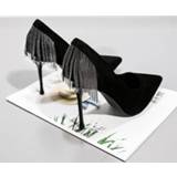 Stiletto zwart zilver JR Chic Pointed Toe Silver studded Tassels Mid-Top Heeled in Sexy BLACK