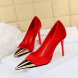 👉 Pencil rood zwart goud vrouwen 2021 Summer Fashion Women 9cm High Heels Gold Pumps Red Metal Pointed Toe Black Lady Party Valentine Shoes