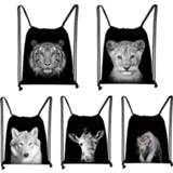 👉 Backpack zwart wit jongens Black White Wild Animals Print Drawstring Bag Men Storage Bags Boys Tiger Lion Wolf Teenager Travel Bookbag