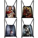 👉 Backpack vrouwen jongens meisjes Vintage Jesus / Angel Print Drawstring Bag Women Men Fashion Storage Teenager Boys Girls Daypack Bookbag Gift