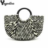 👉 Handtas zwart wit multicolor vrouwen Summer Black with White Weaving Women Bags Beach Seaside Straw Handbag Lady Travel Handwoven Totes Wrist Handbags