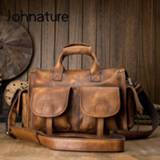 👉 Handtas leather large Johnature 2020 New Handmade First Layer Cow Men Handbag Vintage Bag Solid Color Fashion Shoulder Messenger Bags