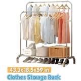 👉 Dress Living Room Furniture Double Folding Metal Coat Rack Clothes Rail Hanging Garment On Wheels Bedroom