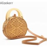 👉 Handtas vrouwen Straw Handbag Women Wooden Hand-Woven Top-Handle Beach Bag Circular Knitting Bags Travel Tote For Crossbody