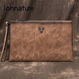 👉 Handtas leather cowhide Johnature 2020 New Retro Men Clutch Bag Genuine Solid Color Male Hand Business Soft Mobile Phone Bags