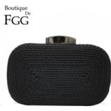 👉 Clutch zwart PU vrouwen Boutique De FGG Casual Women Clutches Black Evening Bag Woven Knited Metal Hard Case Ladies Chain Shoulder Handbag