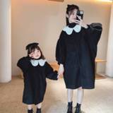 👉 Dress zwart large medium meisjes Parent Child Korean Loose Detachable Lapel Lantern Sleeve Length Black Coat Mother Girl 2020