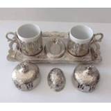 👉 Espresso apparaat zilver Turkish Coffee Set Silver Serving Tray Mugs Ottoman Looking Metal Plated and Ceramic